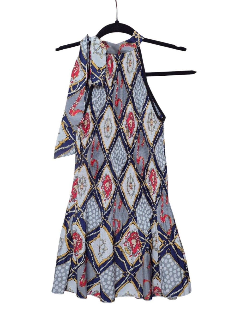 Scarf-Neck Printed Halter Mini Dress in Navy & Light Blue